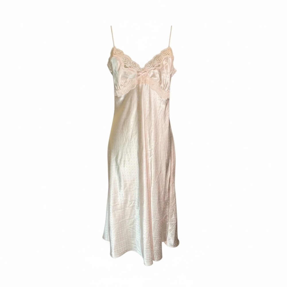 Soft pink satin slip dress with lace details